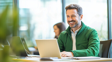 Fototapeta premium A smiling man in a green jacket, sitting at a desk with a laptop and a notepad, attentively listening during a team meeting