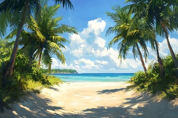 Fototapeta premium Tropical Beach Scene with Lush Palms and Sunlit Sands