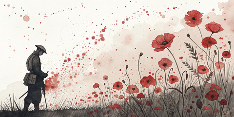Silhouette of a World War Two soldier in a field of poppies splattered with blood