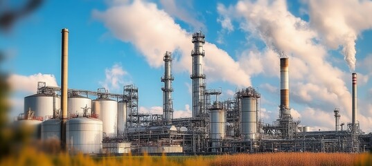 Obraz premium Industrial Landscape Chemical Plant with Storage Tanks and Towers Against a Blue Sky