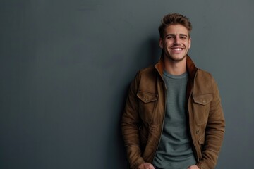 Fototapeta premium Portrait of handsome young man smiling against grey background.