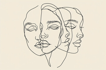 Poster encadré Three women's faces are drawn in a line, with the middle one looking the most tired. Concept of exhaustion and weariness