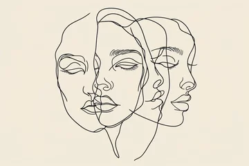 Papier peint photo intissé Three women's faces are drawn in a line, with the middle one looking the most tired. Concept of exhaustion and weariness