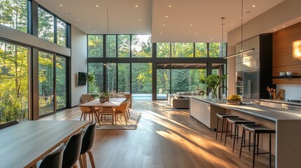 Modern Kitchen and Dining Room with Large Windows and Natural Light
