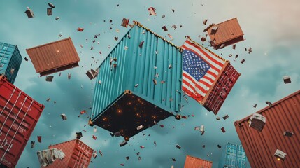 An explosion of shipping containers, featuring an American flag, against a stormy backdrop.