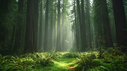 Fototapeta premium An ancient forest with towering redwoods, mist, and a lush understory.