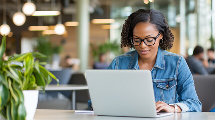Modern office multitasking: A woman in a denim jacket, focused on a phone call and jotting down notes at her workspace with a laptop in front of her. This image is perfect for illu