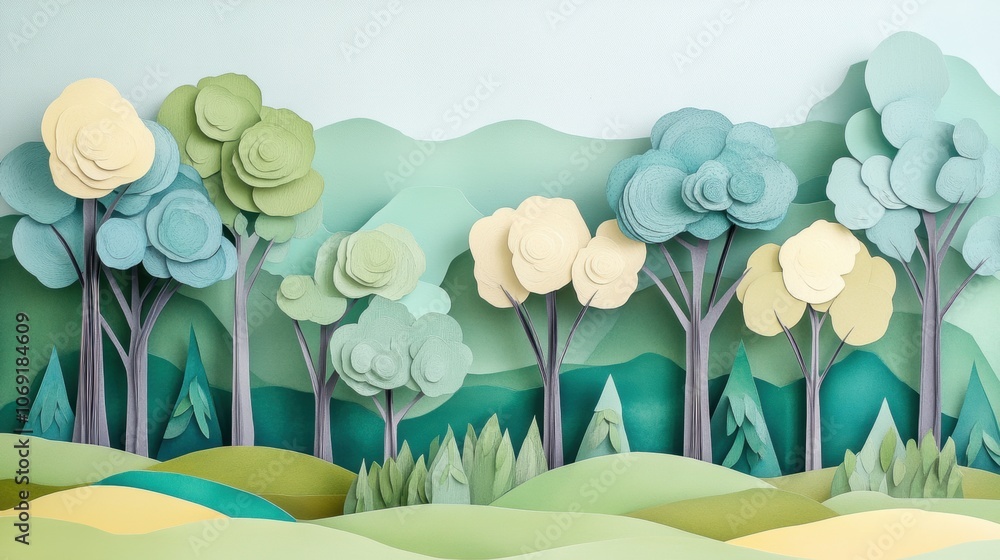 Poster layered trees in paper-style forest, textured ground, serene nature scene, emphasis on depth and com