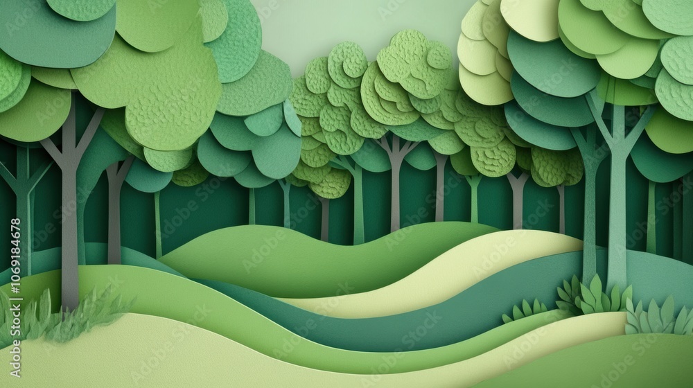 Poster layered trees in textured forest, a serene paper-style landscape showcasing depth and intricate grou