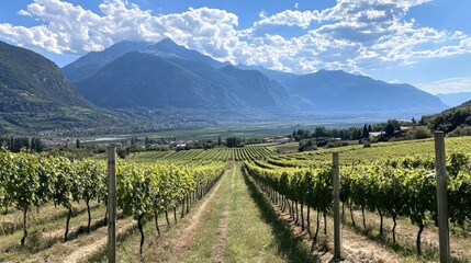 Obraz premium Vineyard Pathway Leading to Mountainous Landscape