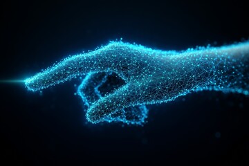 Futuristic digital hand reaching toward a glowing blockchain link emphasizing data security blockchain infrastructure and digital connectivity in a high tech environment