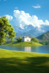 Fototapeta premium Picturesque mountain landscape with a historic manor house on a hill by a lake
