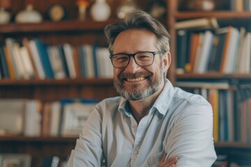 Fototapeta premium Happy bearded businessman in home office.