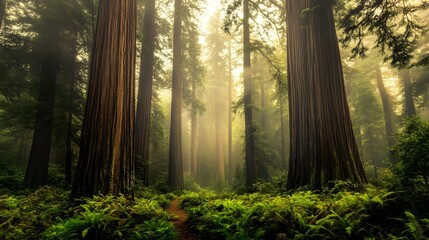 An ancient forest with towering redwoods, mist, and a lush understory.