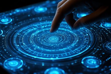 Digital hand reaching toward a concentric glowing blockchain visualization symbolizing secure data layers technological integration and advanced digital connectivity in networks