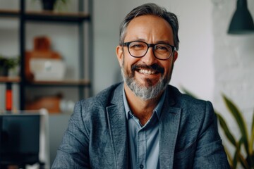 Obraz premium Happy bearded businessman in home office.