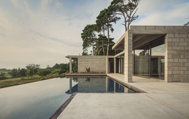 Modern Concrete Villa with Infinity Pool:  A minimalist masterpiece nestled amidst lush greenery. This contemporary home features clean lines, natural materials.