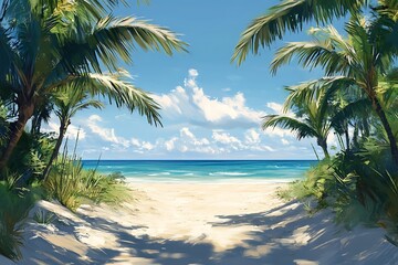 Obraz premium Tropical Paradise Palm Grove Overlooking Blue Ocean Beach
