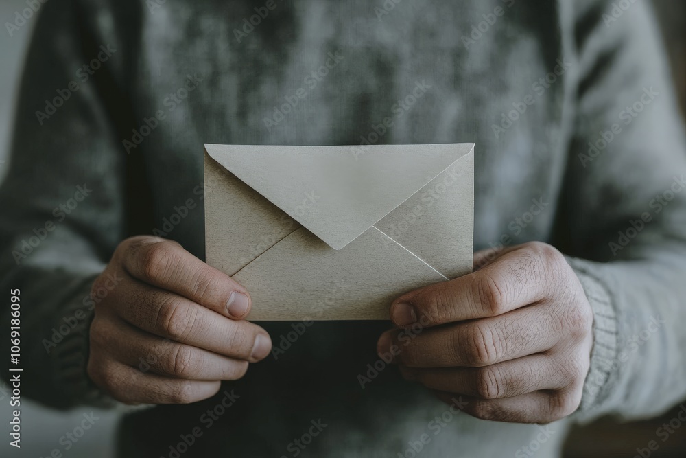 Poster person holding minimalist paper envelope in hands symbolizing personal message tactile correspondenc