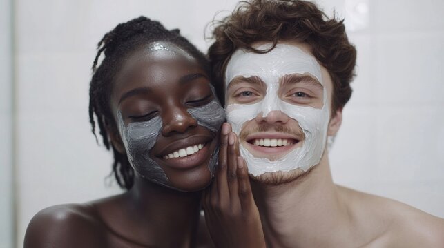Joyful Skincare Routine: Diverse Multiracial Friends Having Fun with Face Masks. Generative ai