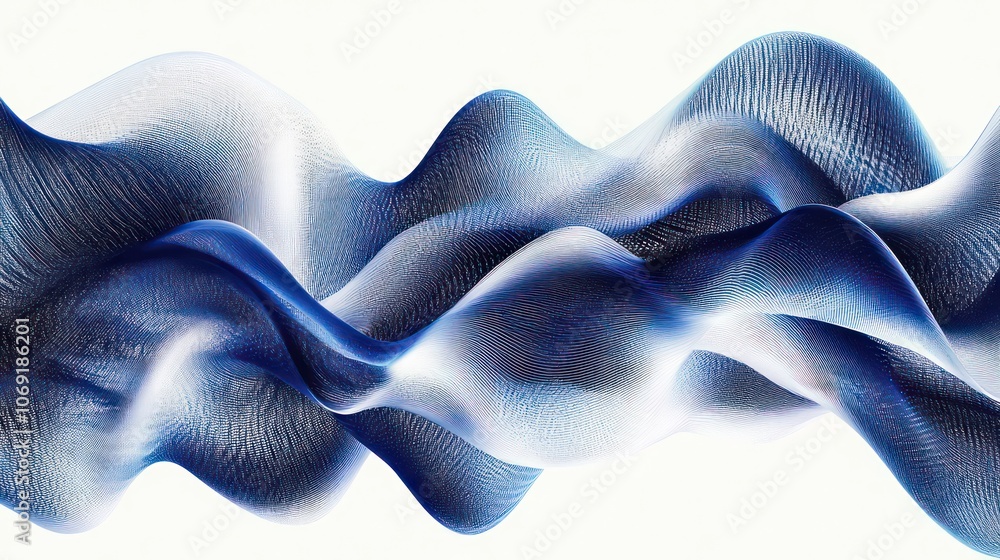Poster abstract wave-like design with fluid motion and gradients in blue and white tones.