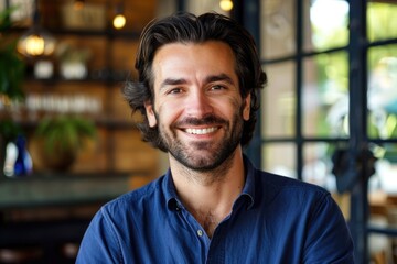 Obraz premium Portrait of handsome man in blue shirt with smiling face.