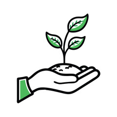 Hand Holding Growing Plant Icon, Illustration of a hand holding a small plant with green leaves, symbolizing growth, nurturing, and environmental care, ideal for eco-friendly themes.
