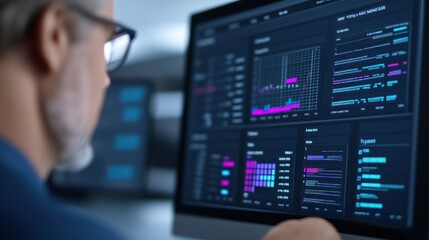 Obraz premium Man analyzing data on screen with charts and statistics in a dark room. Financial and technology analysis concept