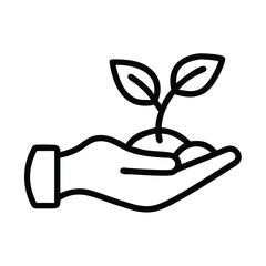 Outline Icon of Hand Holding Plant, Minimalist black outline icon of a hand holding a young plant, symbolizing growth, nurturing, and environmental responsibility, ideal for eco-friendly themes.
