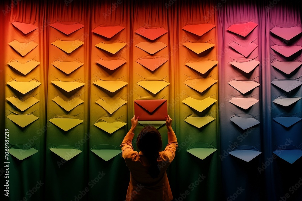 Aufkleber person standing with colorful envelopes on vibrant wall representing diversity in communication arti