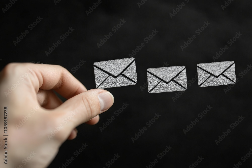 Poster close up of hand holding vintage envelope against black background emphasizing tactile quality analo