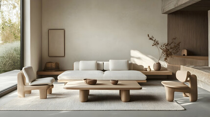 Sleek Minimalist Scandinavian Living Room with Light Wood Furniture, Soft Textures, and Simple, Functional Design