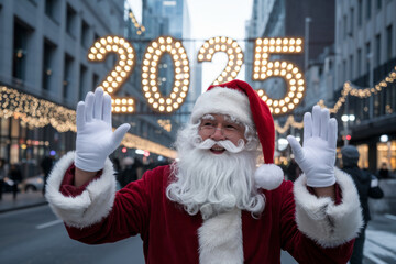 Santa Claus Wishing Everyone a Happy 2025 in a Festive Street