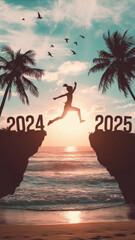 Sunset Leap into 2025: Silhouetted Journey to a New Year