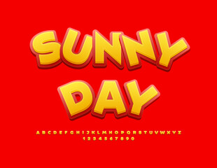 Vector summer badge Sunny Days. Set of Bright Alphabet Letters and Numbers. Creative Yellow and Red Font.