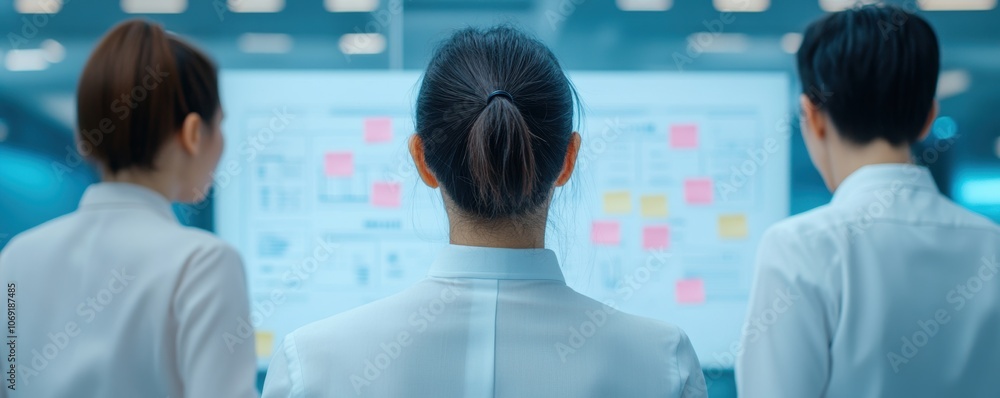Aufkleber back view of team members analyzing data on digital whiteboard in modern office