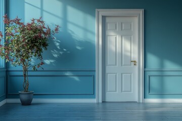 Elegant Blue Interior with White Door and Sunlight