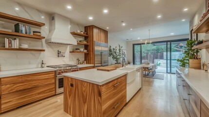 Fototapeta premium Modern Kitchen with Island, Wooden Cabinets, and Patio Access