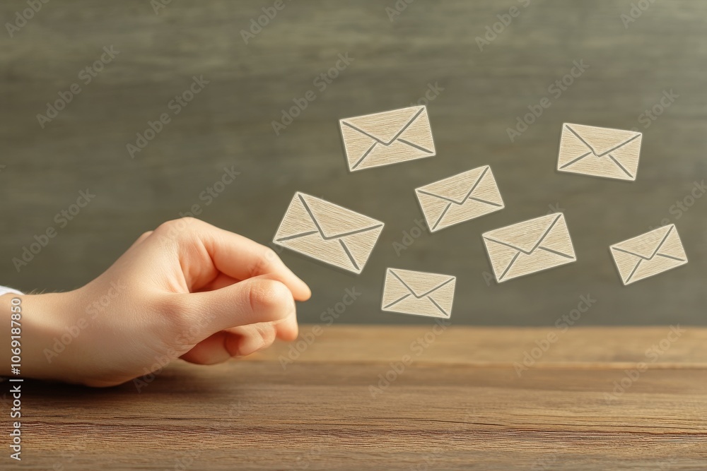 Poster close up of hand placing envelopes in organized pattern on wooden surface conveying order simplicity