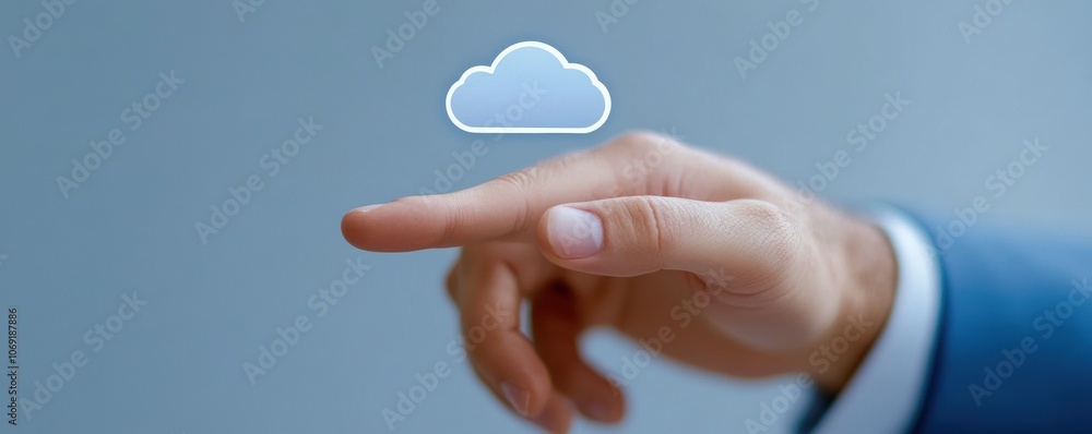 Poster hand touching digital cloud icon on blue background. cloud computing and technology concept with cop