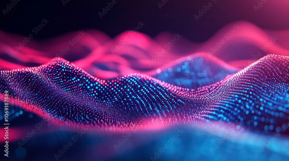 Poster abstract digital landscape with flowing waves of colorful particles.