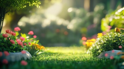 Obraz premium Soft focus image of vibrant greenery creating a tranquil garden atmosphere