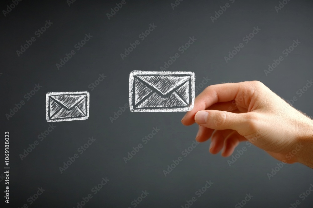 Poster woman using laptop with floating envelopes in sunlit room representing online messaging remote work 
