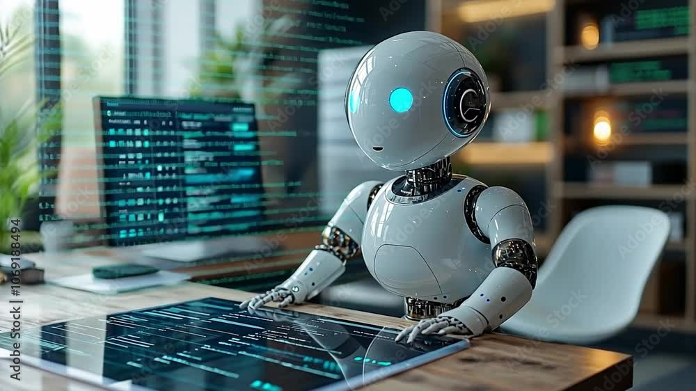 Poster a futuristic robot working on a digital tablet in a modern office environment during the daytime