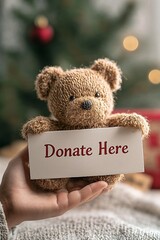 child placing teddy bear in yellow bin, toy donation concept, yellow charity bin, child&rsquo;s hand reaching, minimalistic donation photo, teaching children kindness, early life empathy, pastel yellow back