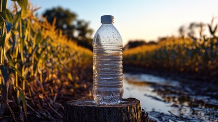 Obraz premium A clear water bottle shines as the sun sets over rows of corn
