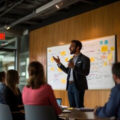 An entrepreneur energetically pitching an idea to a group of investors, delivering an animated and passionate presentation