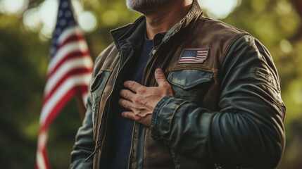 A veteran standing next to an American flag, hand over heart
