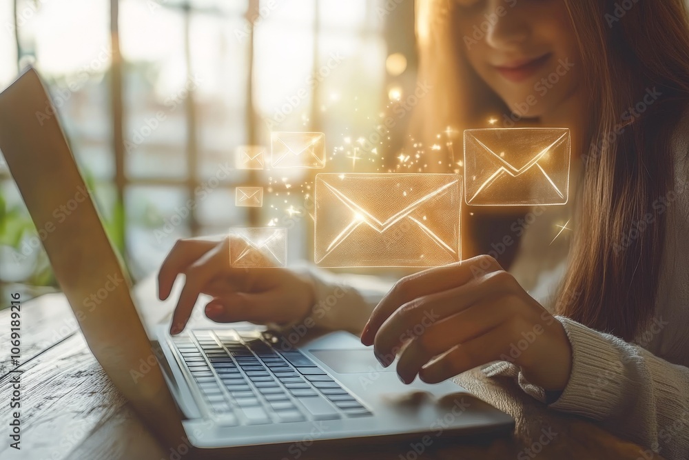 Poster woman typing on laptop with floating envelope icons symbolizing online messaging digital communicati