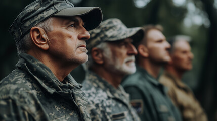 Fototapeta premium A group of veterans standing together at attention during a moment of silence